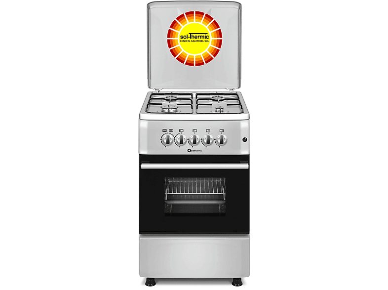 Cocina Gas  - F5S40G2I Acero Inoxidable, 4 Fuegos + Horno SOLTHERMIC, 40 l, 50 cm, Plata