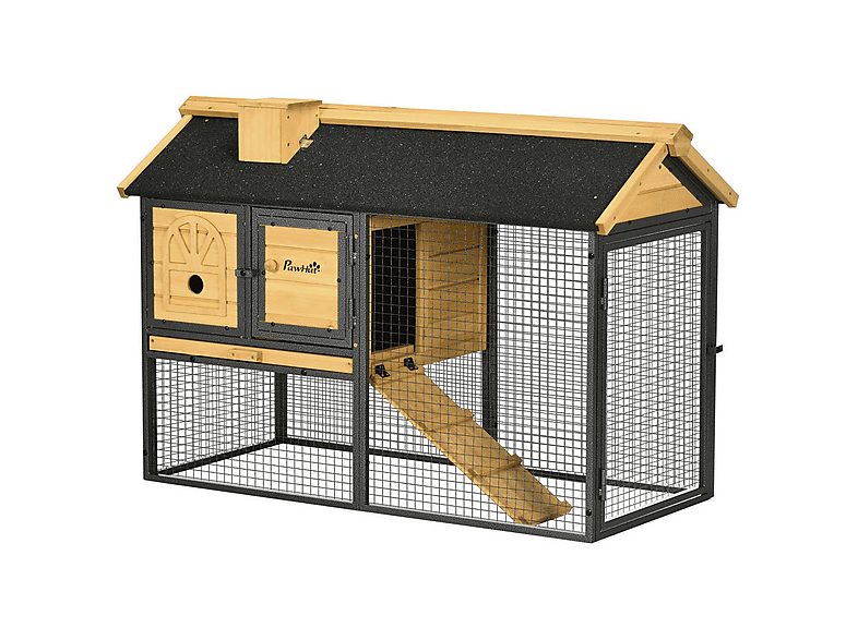 Conejera de Exterior - PAWHUT D51-354V00BK, para Mascota pequeña, Madera Natural y Negro