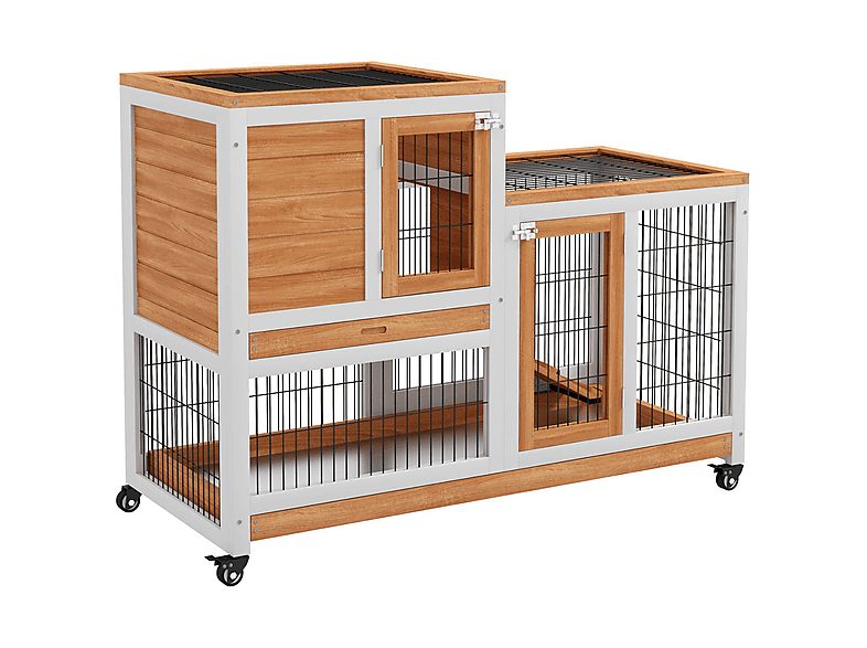 Conejera de Madera - PAWHUT D51-125V00YL, para Mascota pequeña, Madera Natural y Blanco