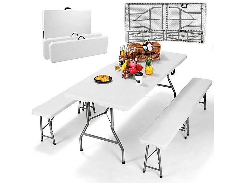 Conjunto de jardín - YOEVU KIT MESA PLEGABLE Y BANCOS, 70 cm x 180 cm x 74 cm, Carga máxima 150 kg, HDPE, Blanco