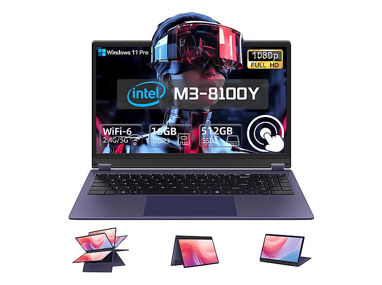 Convertible 2 en 1 - VANWIN UCD-UL156, 15,6 " Full-HD, Intel m3-8100Y(Frecuencia máxima 3,4GHz), 16 GB RAM, 512 GB, UHD 615, Windows 11 Pro, Purple