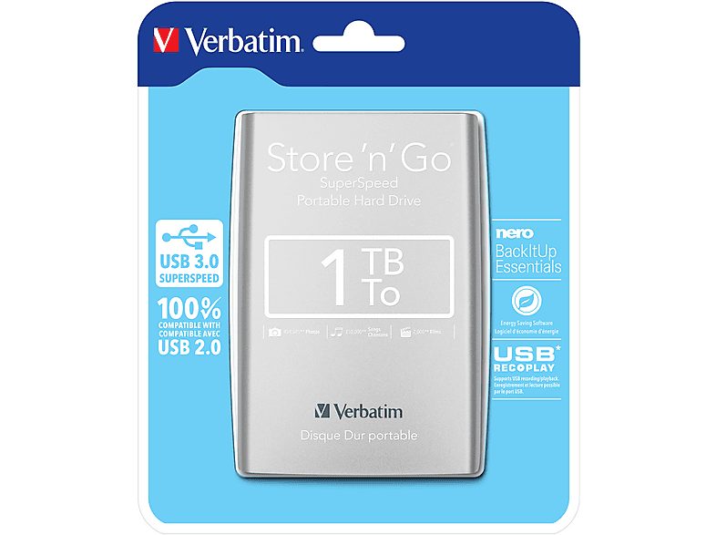 Disco duro externo 1 TB - VERBATIM 53071, 2,5 ", HDD, Plata