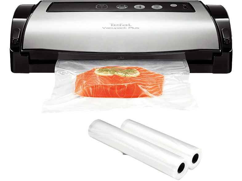 Envasadora al vacío - Tefal VACUPACK PLUS VT2560, inox, 130W, sellado y vacío, dos rollos, Gris y negro