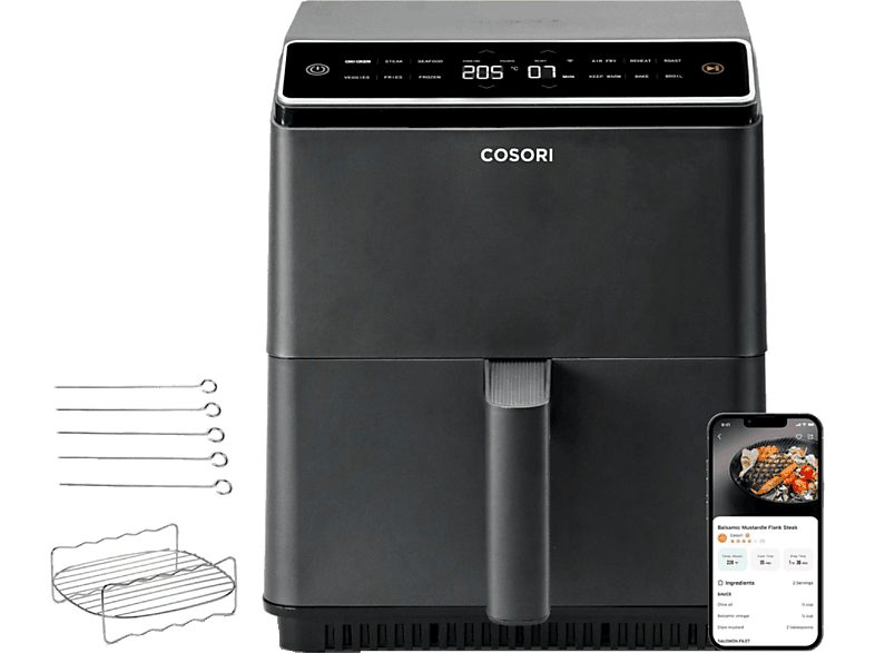Freidora de aire - Cosori Dual Blaze Chef Edition, Doble resistencia, 1700 W,  6.4 L, 12 Funciones, Sistema 360 ThermoIQ, Negro