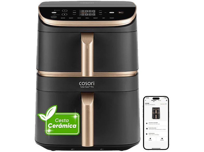 Freidora de aire - Cosori Turbo Tower Pro Smart™ Chef Edition, 2630 W, Doble Resistencia, 10.8 l, 2 cestas, Revestimiento cerámico, WiFi, Negro
