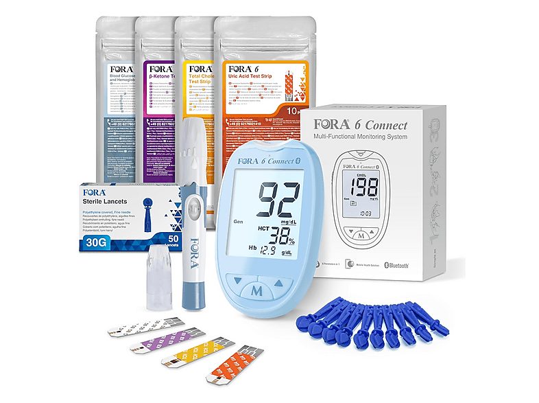 Glucómetro - FORA 6 Connect 4 en 1 con 4 paquetes de tiras reactivas, azul, azul