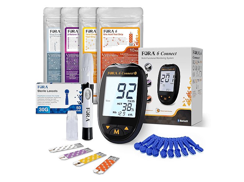 Glucómetro - FORA 6 Connect 4 en 1 con 4 paquetes de tiras reactivas, negro