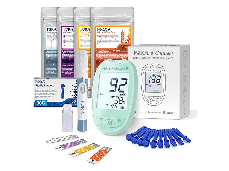 Glucómetro - FORA 6 Connect 4 en 1 con 4 paquetes de tiras reactivas, verde