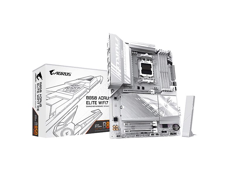 Placa base  - B850 AORUS ELITE WIFI7 ICE GIGABYTE, ATX, AMD B850, Sockel AM5, Multicolor
