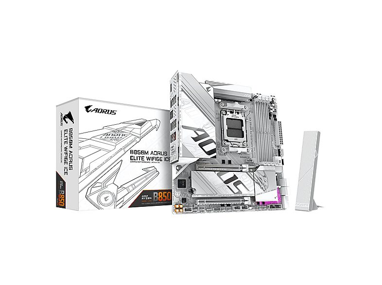 Placa base  - B850M AORUS ELITE WIFI6E ICE GIGABYTE, micro ATX, AMD B850, Sockel AM5, Blanco