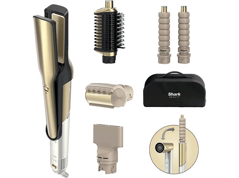 Plancha Secador - Shark Glam HD6051SEU, Cabello Húmedo/Seco, 1500 W, 220°C, 3 Niveles de Calor, 3 Velocidades, Aire Frío, Dorado