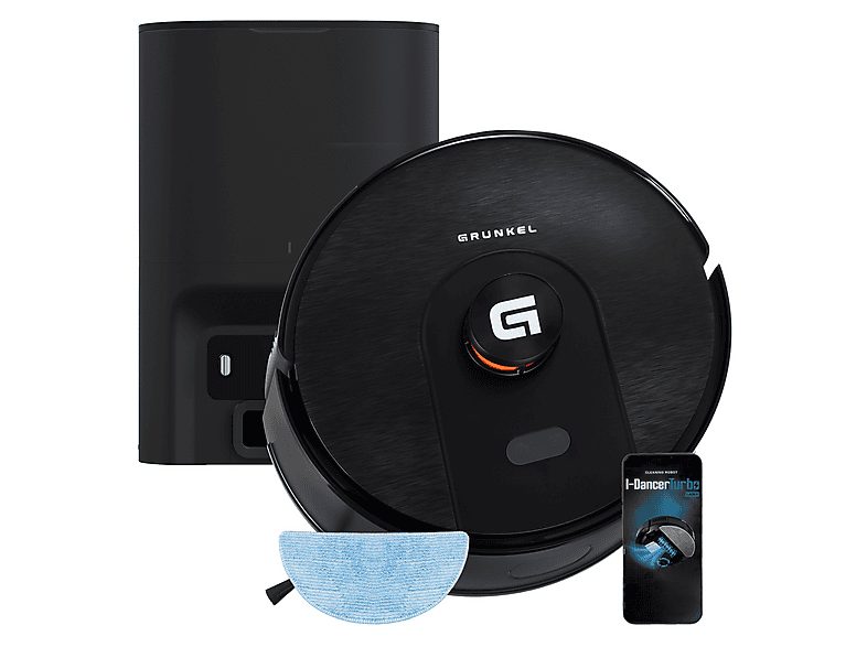 Robot Aspirador - GRUNKEL I-DANCERTURBOLASERDUST, 45 W, Potencia de succión 8000 kPa, Depósito 250 ml, Autonomía 120 Min., Black