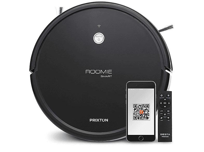 Robot Aspirador - PRIXTON Roomie Smart, Potencia de succión 1,4 kPa, Depósito 300 ml, Autonomía 2 h, Negro