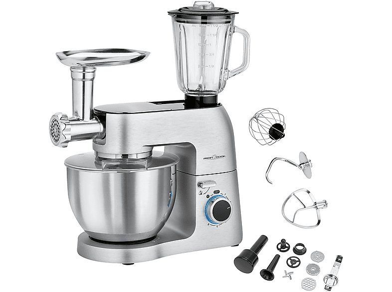 Robot de cocina - PROFI COOK KM 1189, Robot Cocina Batidora Amasadora Repostería, 6,7 L, Picadora Carne, Embutidor, Batidora Vaso, 1500 W, 6,7 l, Plata