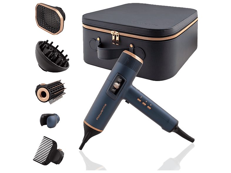 Secador - Rowenta Maestria For You HY9430, 1800 W, Pantalla LED integrada, 225 km/h, 6 Accesorios, Estuche premium, Azul metalizado