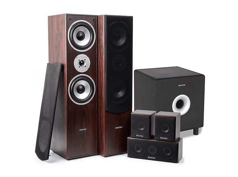Subwoofer - FENTON Conjunto de altavoces envolventes 5.1 para cine en casa en nogal de 1300 W con subwoofer de 8", Brown